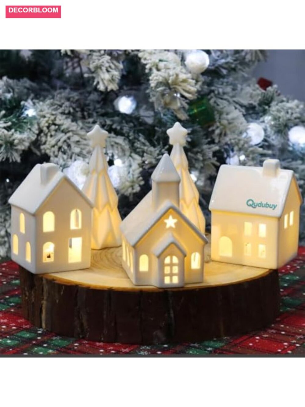5 Pc Ceramic Christmas Village Set Lighted Tabletop Decor